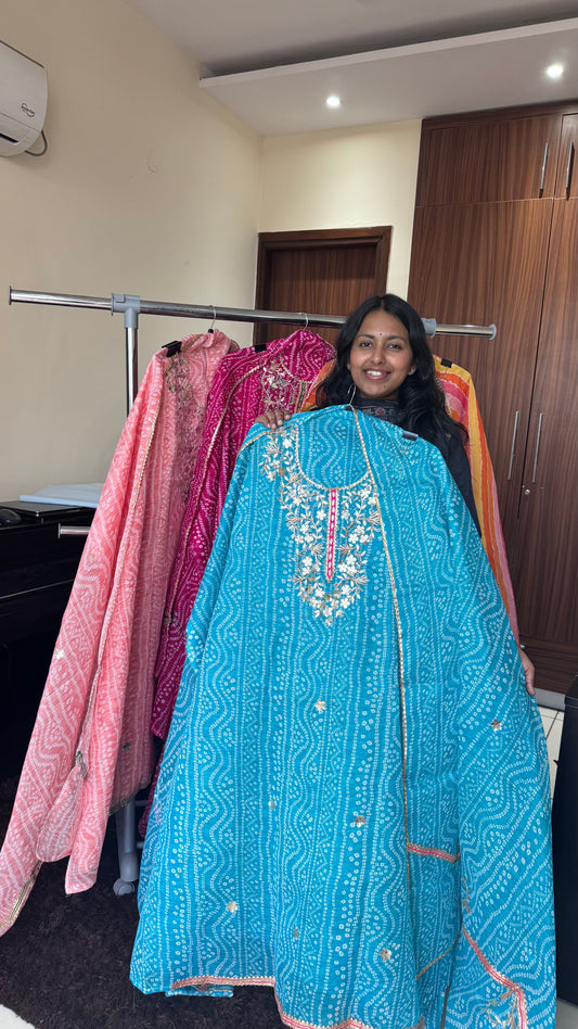 Aqua Blue Lehariya Kota-Doria 3 Piece Suit Set with Gota Patti work and Kota Doria Dupatta