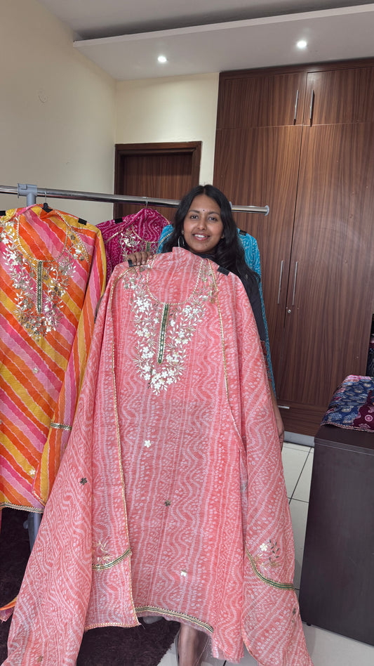 Light Peach Lehariya Kota-Doria 3 Piece Suit Set with Gota Patti work and Kota Doria Dupatta