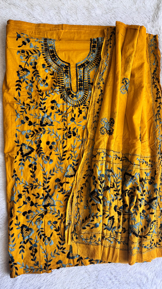 Mustard Pure Mul Cotton 3-Piece Unstitched Suit Set with Black-Blue Kantha Embroidery