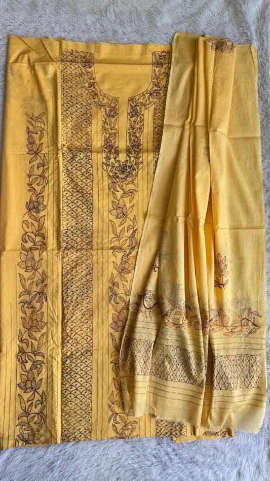 Light Peach Pure Mul Cotton 3-Piece Unstitched Suit Set with Red-Black Kantha Embroidery