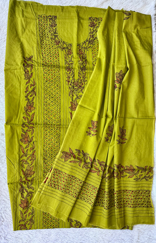 Parrot Green Pure Mul Cotton 3-Piece Unstitched Suit Set with Red Kantha Embroidery