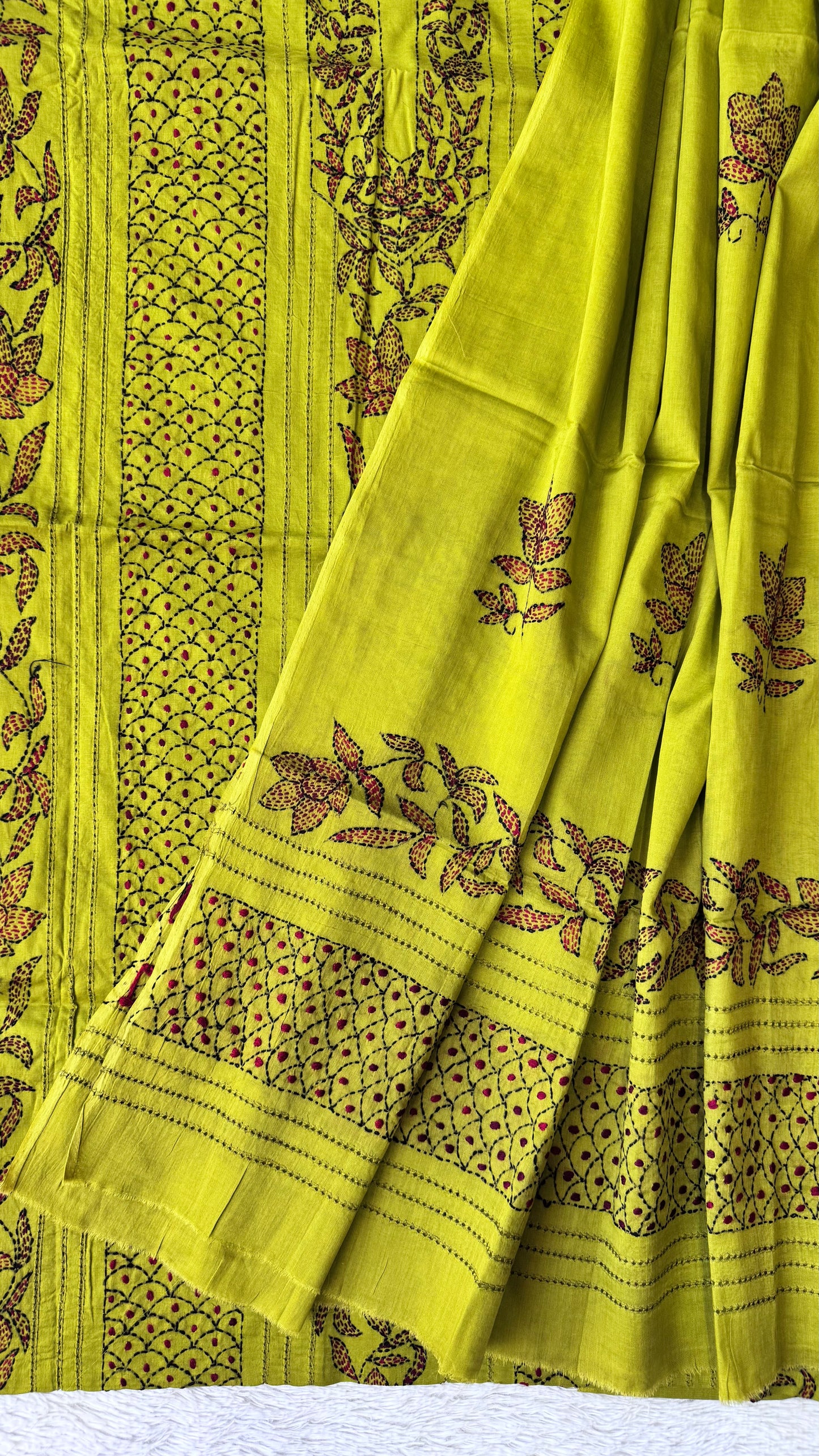 Parrot Green Pure Mul Cotton 3-Piece Unstitched Suit Set with Red Kantha Embroidery