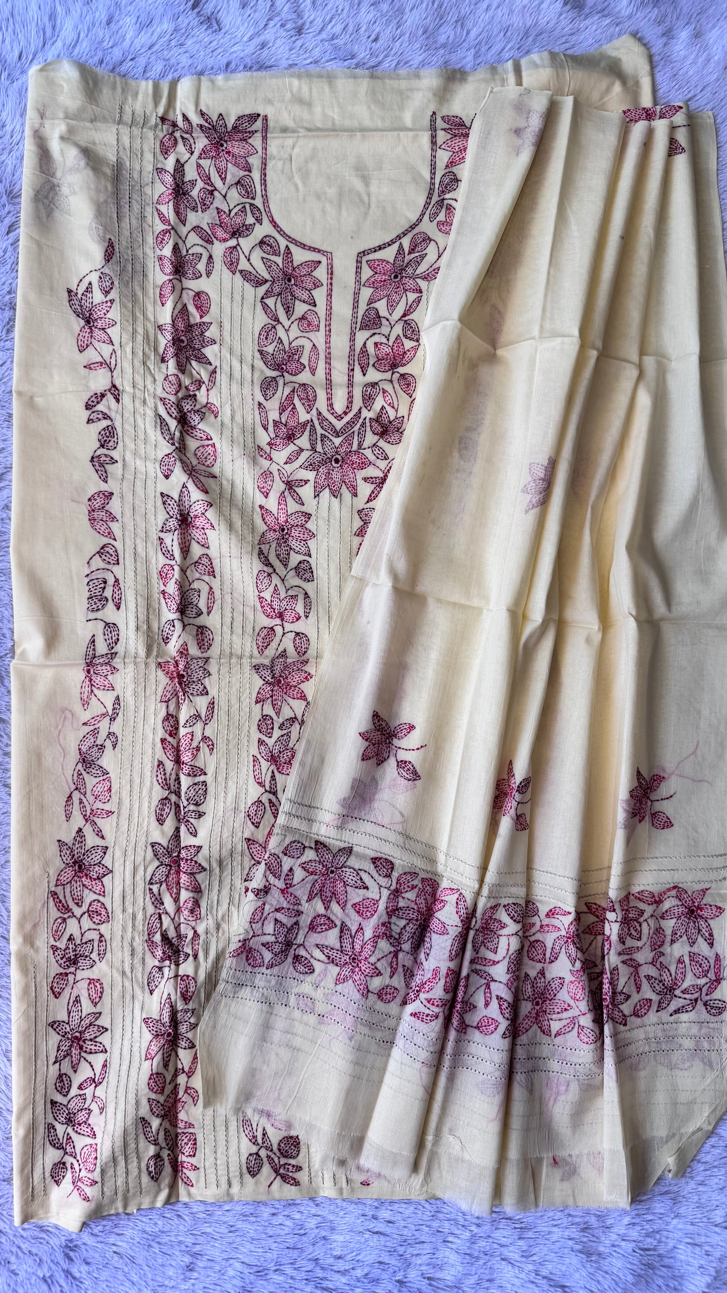 Light Lemon Yellow Pure Mul Cotton 3-Piece Unstitched Suit Set with Red Kantha Embroidery