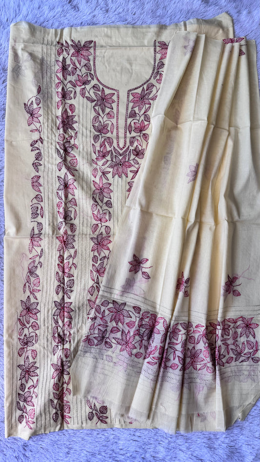 Light Lemon Yellow Pure Mul Cotton 3-Piece Unstitched Suit Set with Red Kantha Embroidery