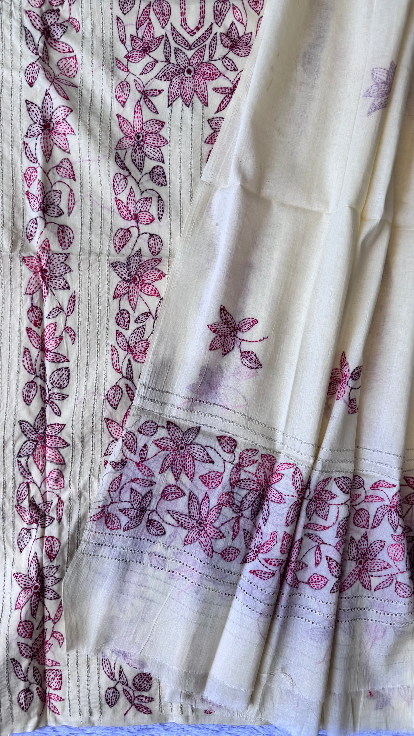 Light Lemon Yellow Pure Mul Cotton 3-Piece Unstitched Suit Set with Red Kantha Embroidery