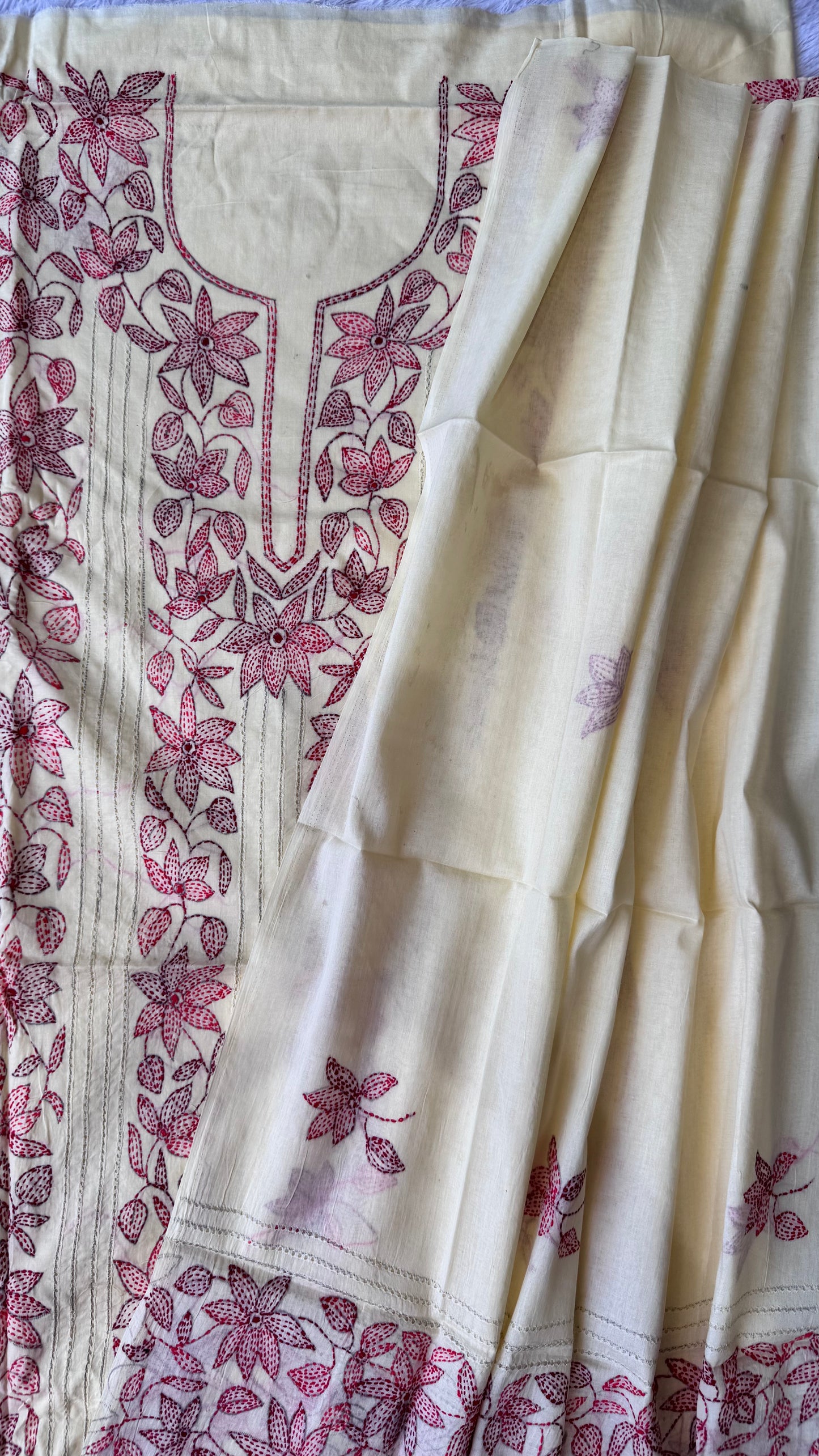 Light Lemon Yellow Pure Mul Cotton 3-Piece Unstitched Suit Set with Red Kantha Embroidery