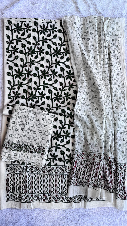 Offwhite Pure Mul Cotton 3-Piece Unstitched Suit Set with Kai Green Kantha Embroidery