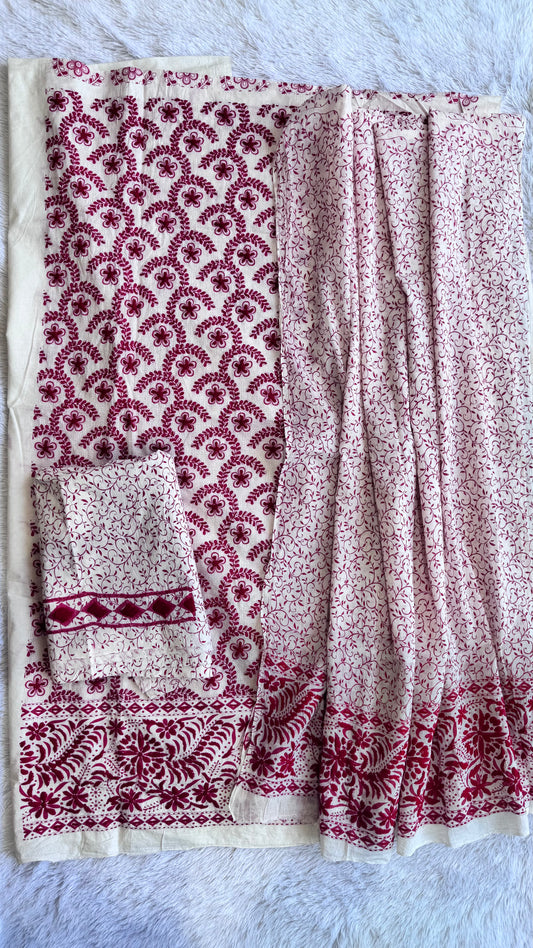 Offwhite Pure Mul Cotton 3-Piece Unstitched Suit Set with Red Kantha Embroidery