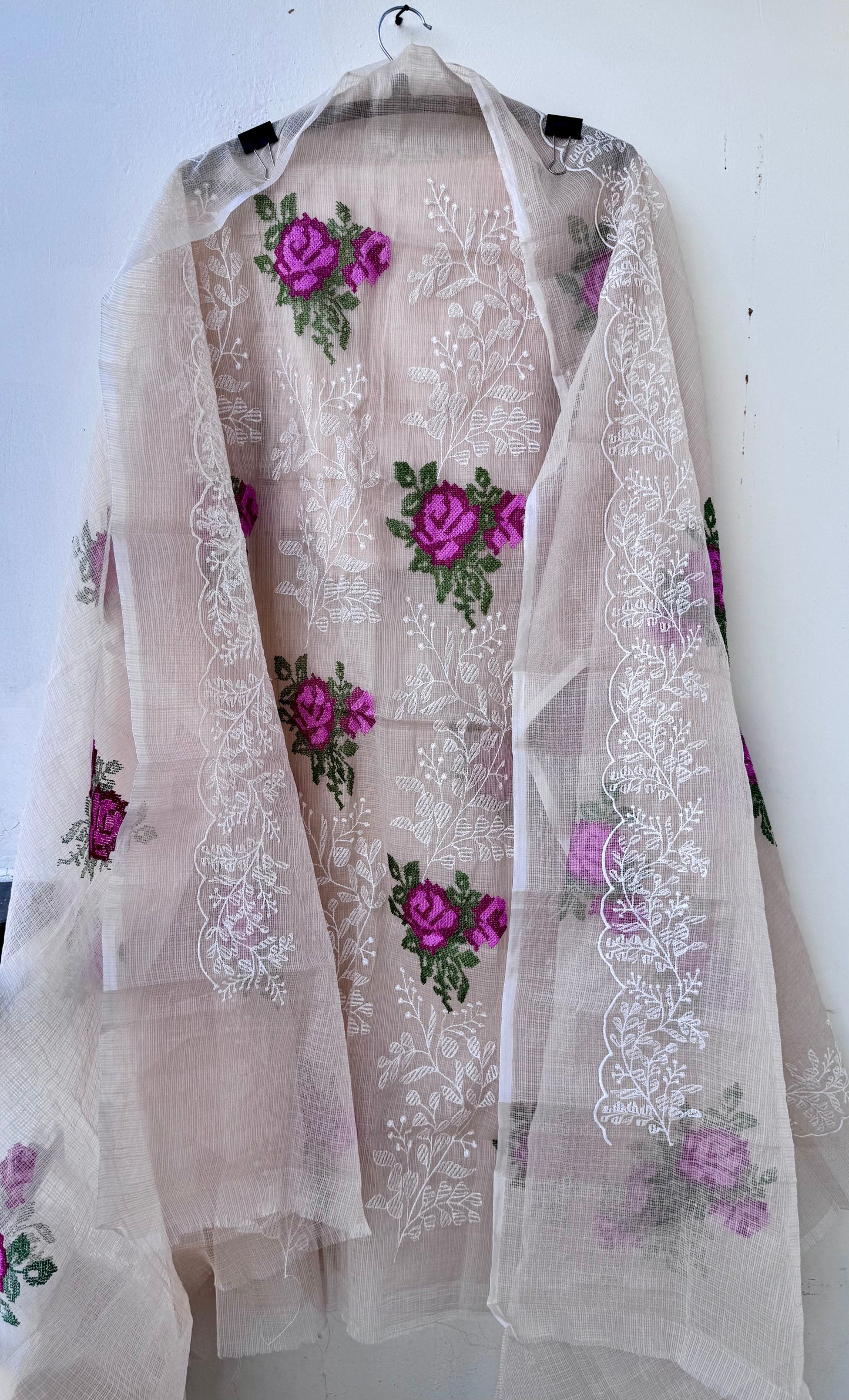 Badaami Kota-Doria 3 Piece Suit Set with Cross Stitch Embroidery and Kota Doria Dupatta