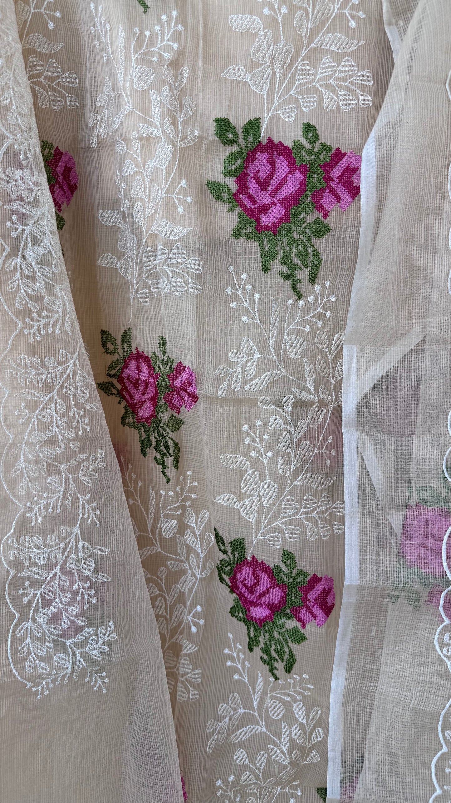 Badaami Kota-Doria 3 Piece Suit Set with Cross Stitch Embroidery and Kota Doria Dupatta