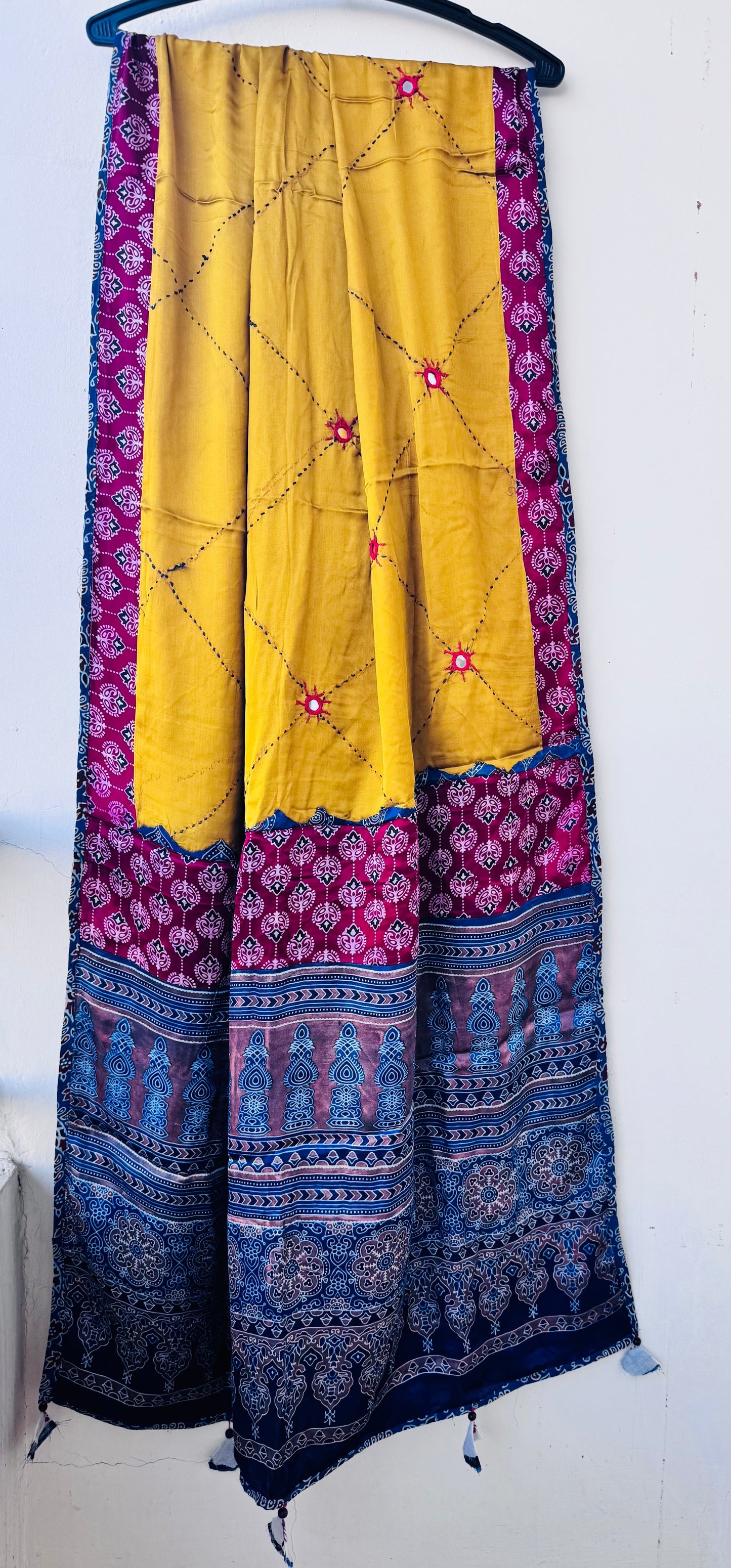 Mustard Ajrakh Applique Patchwork Modal Silk Dupatta with Mirror and Kantha Work