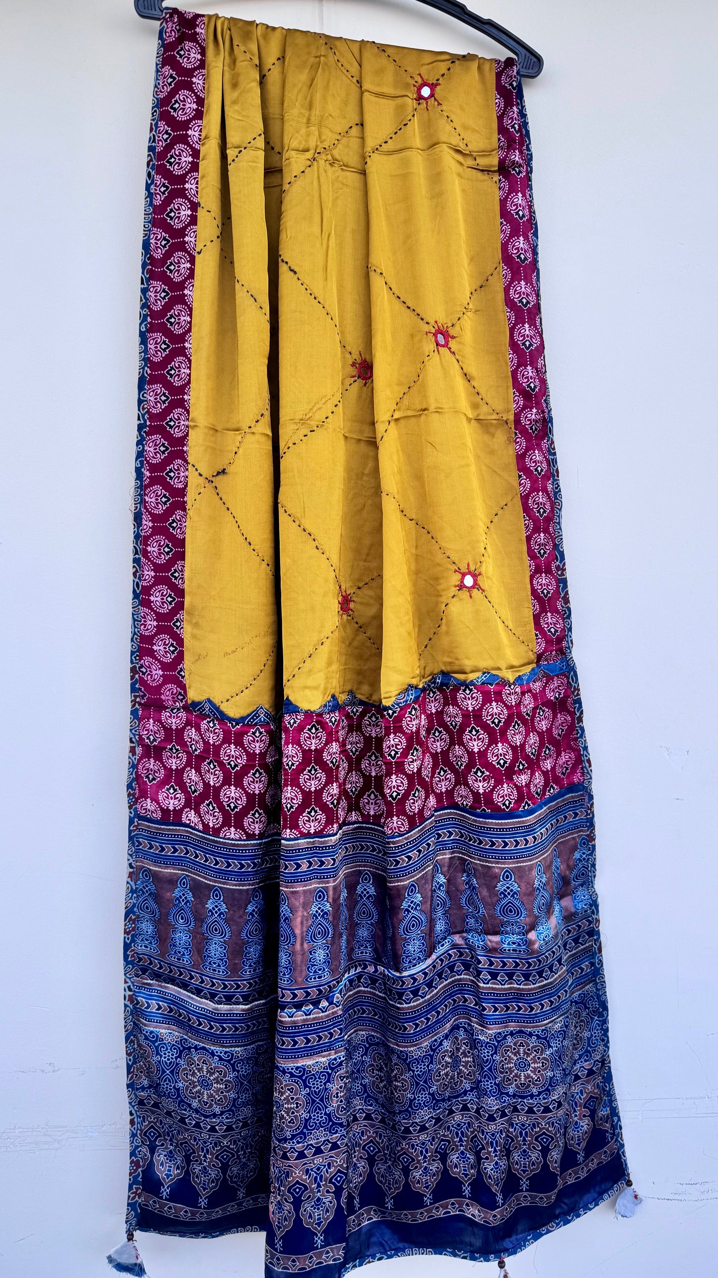 Mustard Ajrakh Applique Patchwork Modal Silk Dupatta with Mirror and Kantha Work