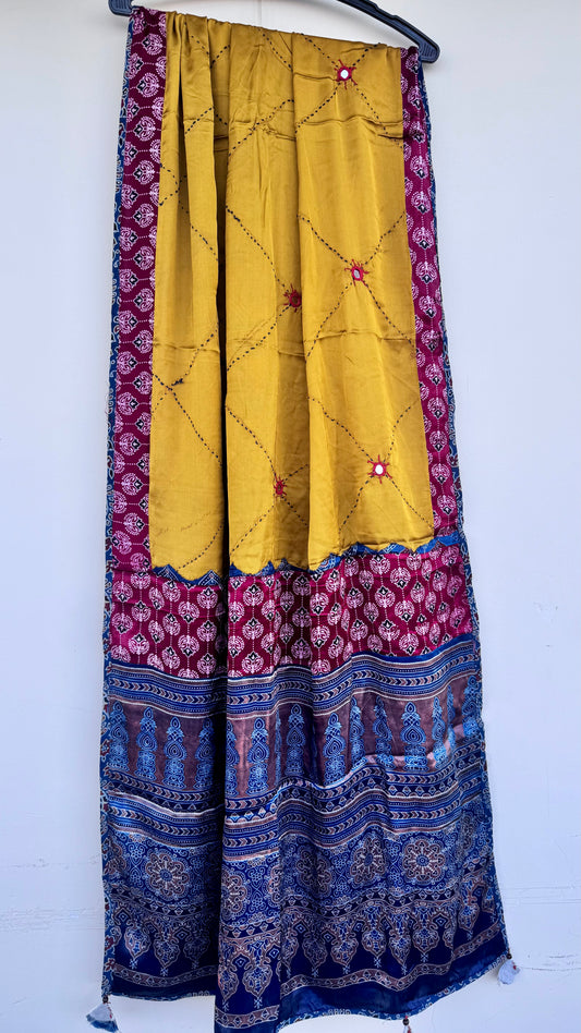 Mustard Ajrakh Applique Patchwork Modal Silk Dupatta with Mirror and Kantha Work