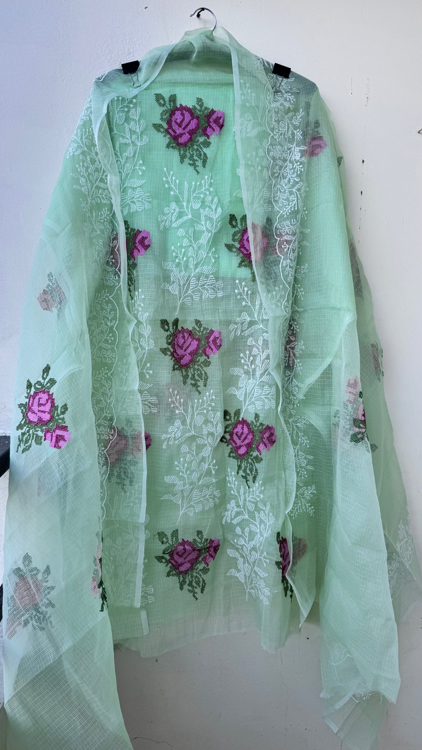 Light Mint Green Kota-Doria 3 Piece Suit Set with Cross Stitch Embroidery and Kota Doria Dupatta