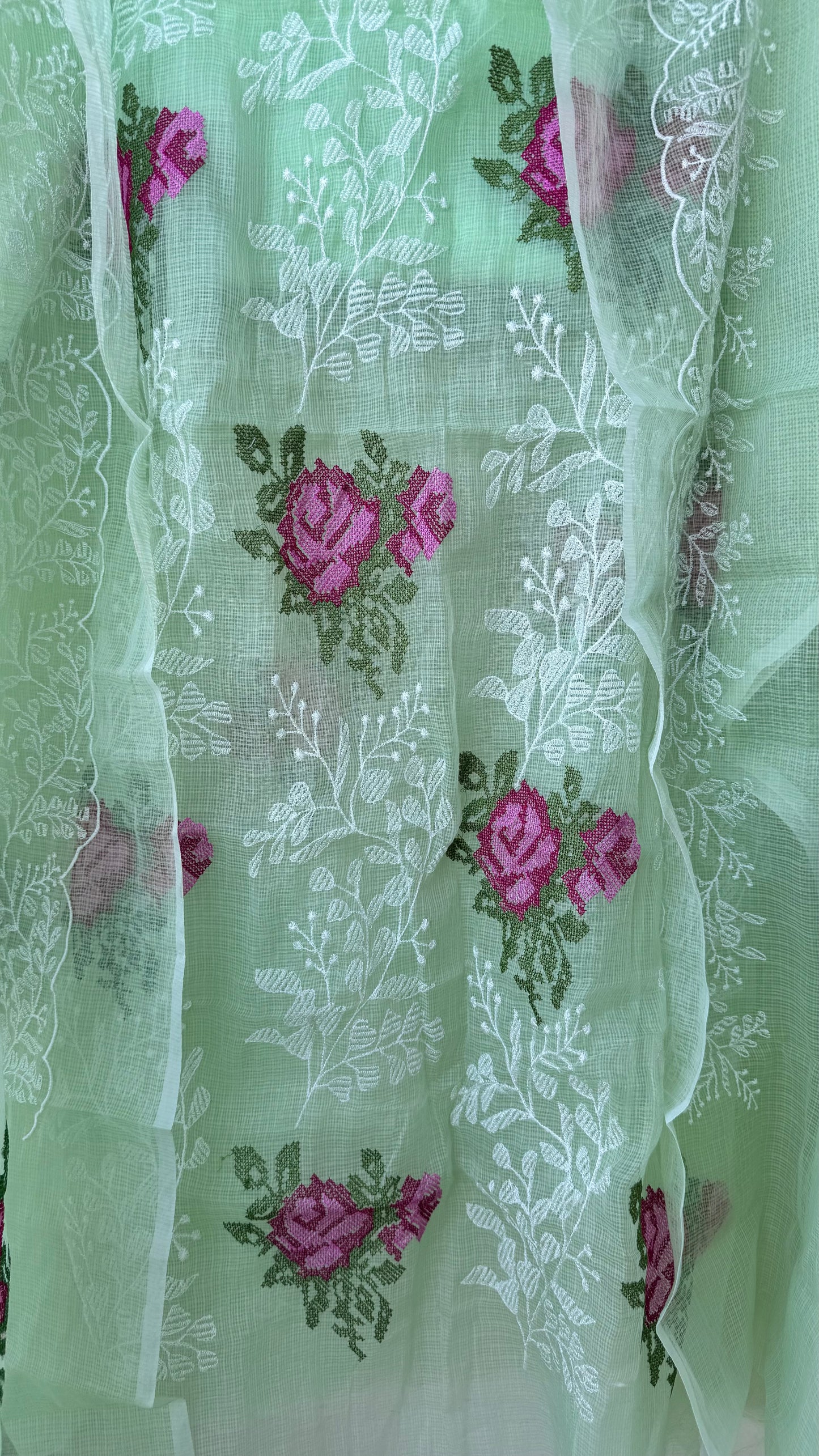Light Mint Green Kota-Doria 3 Piece Suit Set with Cross Stitch Embroidery and Kota Doria Dupatta