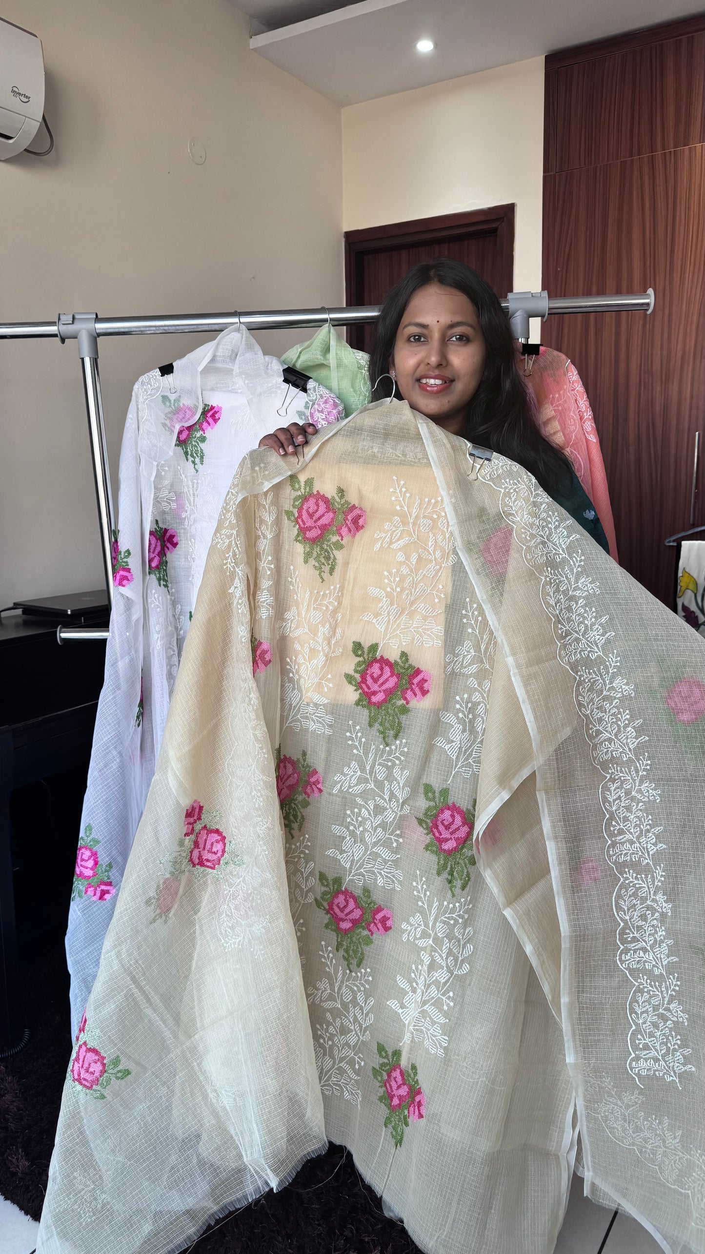 Badaami Kota-Doria 3 Piece Suit Set with Cross Stitch Embroidery and Kota Doria Dupatta