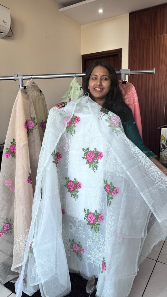 White Kota-Doria 3 Piece Suit Set with Cross Stitch Embroidery and Kota Doria Dupatta