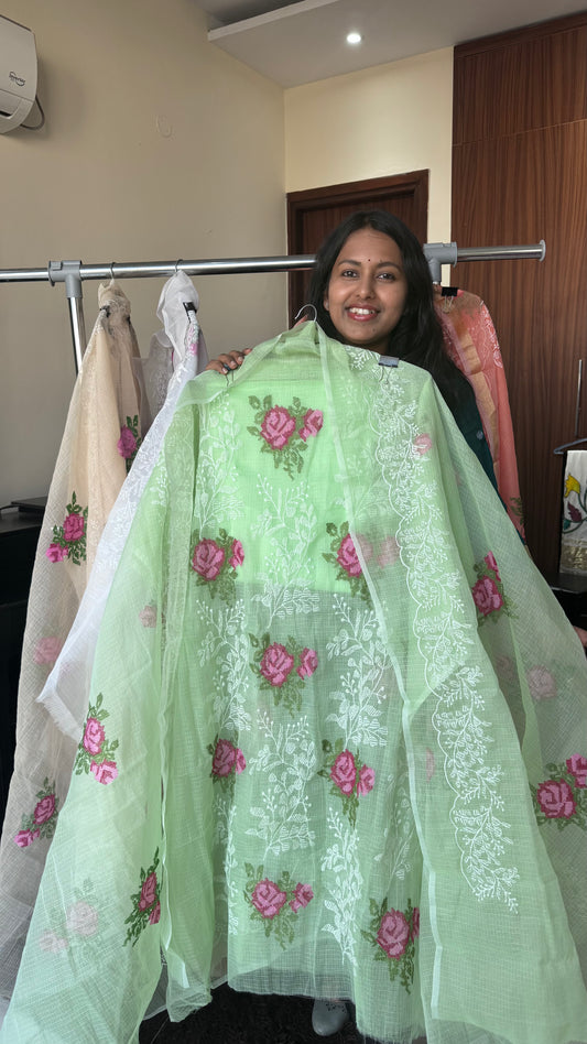 Light Mint Green Kota-Doria 3 Piece Suit Set with Cross Stitch Embroidery and Kota Doria Dupatta