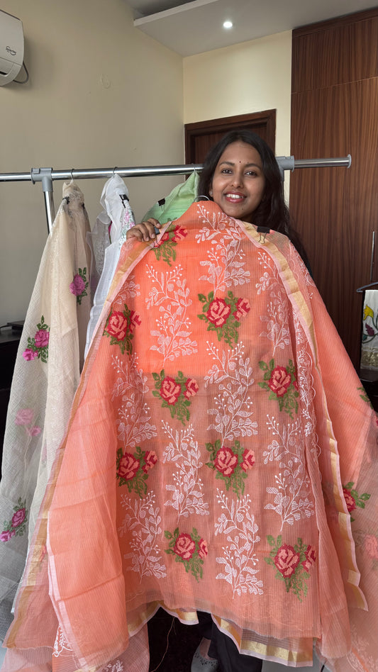 Peach Squash Kota-Doria 3 Piece Suit Set with Cross Stitch Embroidery and Kota Doria Dupatta