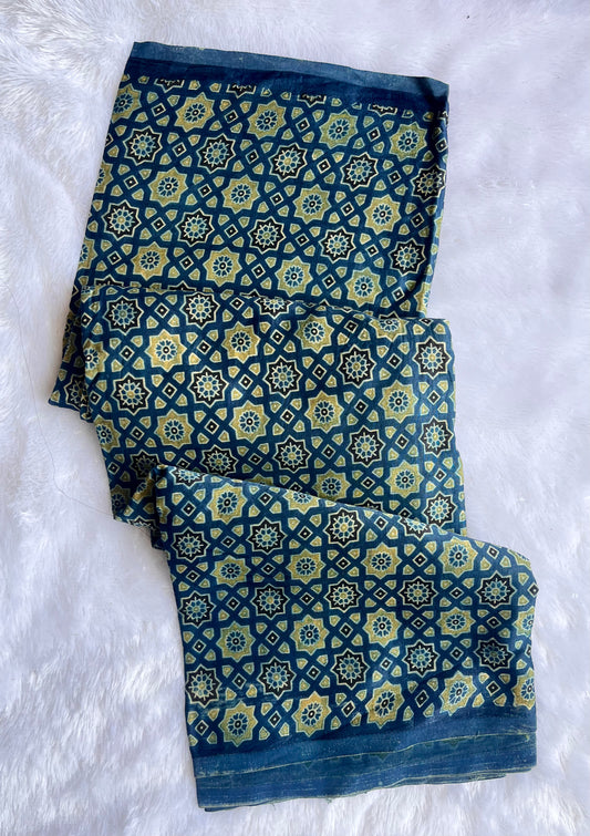 Indigo Choti Jaali Motif Ajrakh Mashru Silk fabric