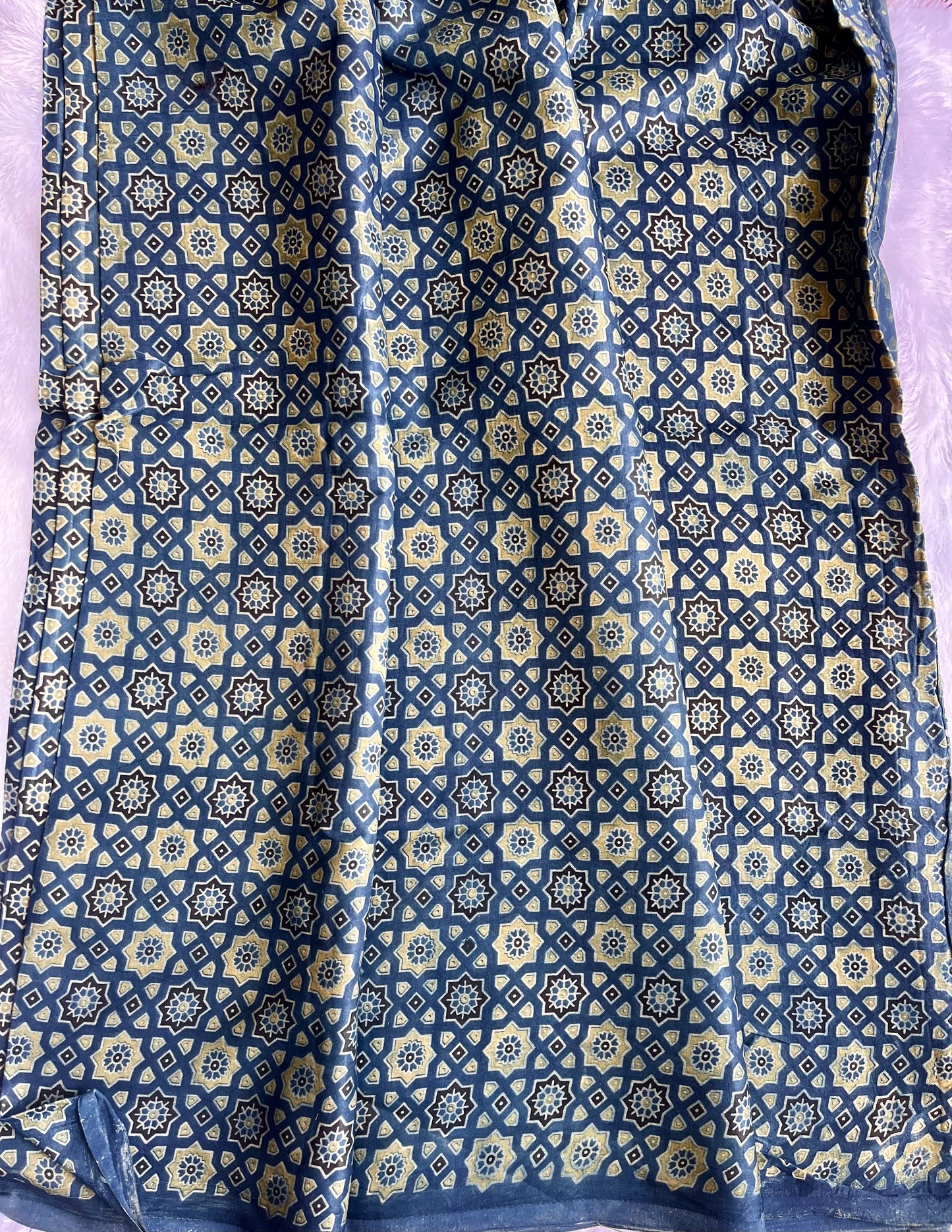 Indigo Choti Jaali Motif Ajrakh Mashru Silk fabric