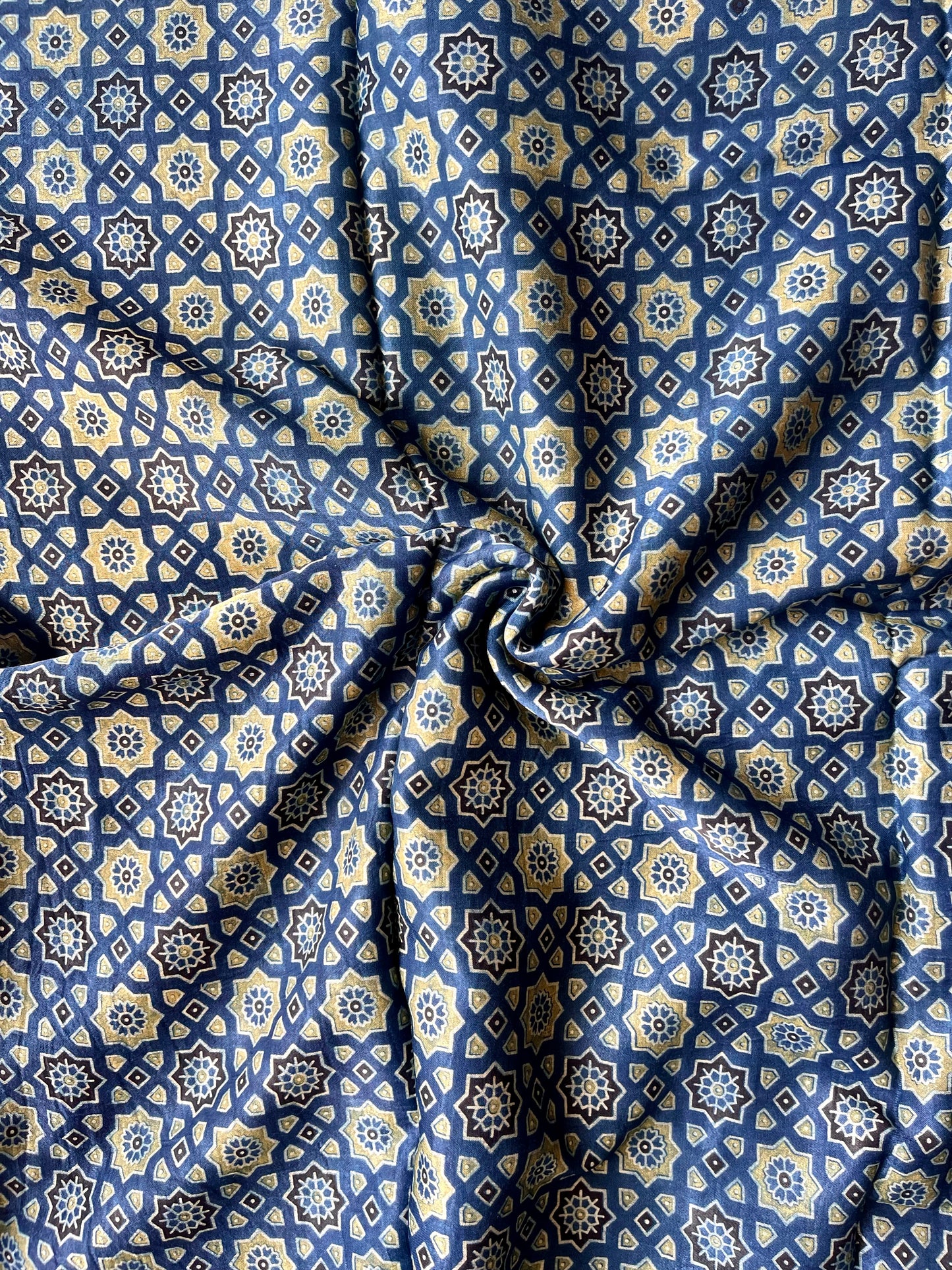 Indigo Choti Jaali Motif Ajrakh Mashru Silk fabric