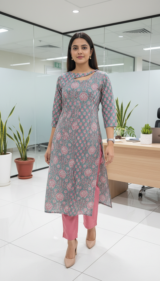 Floral Pure Cotton Panel Kurti with Cutout Neck Details