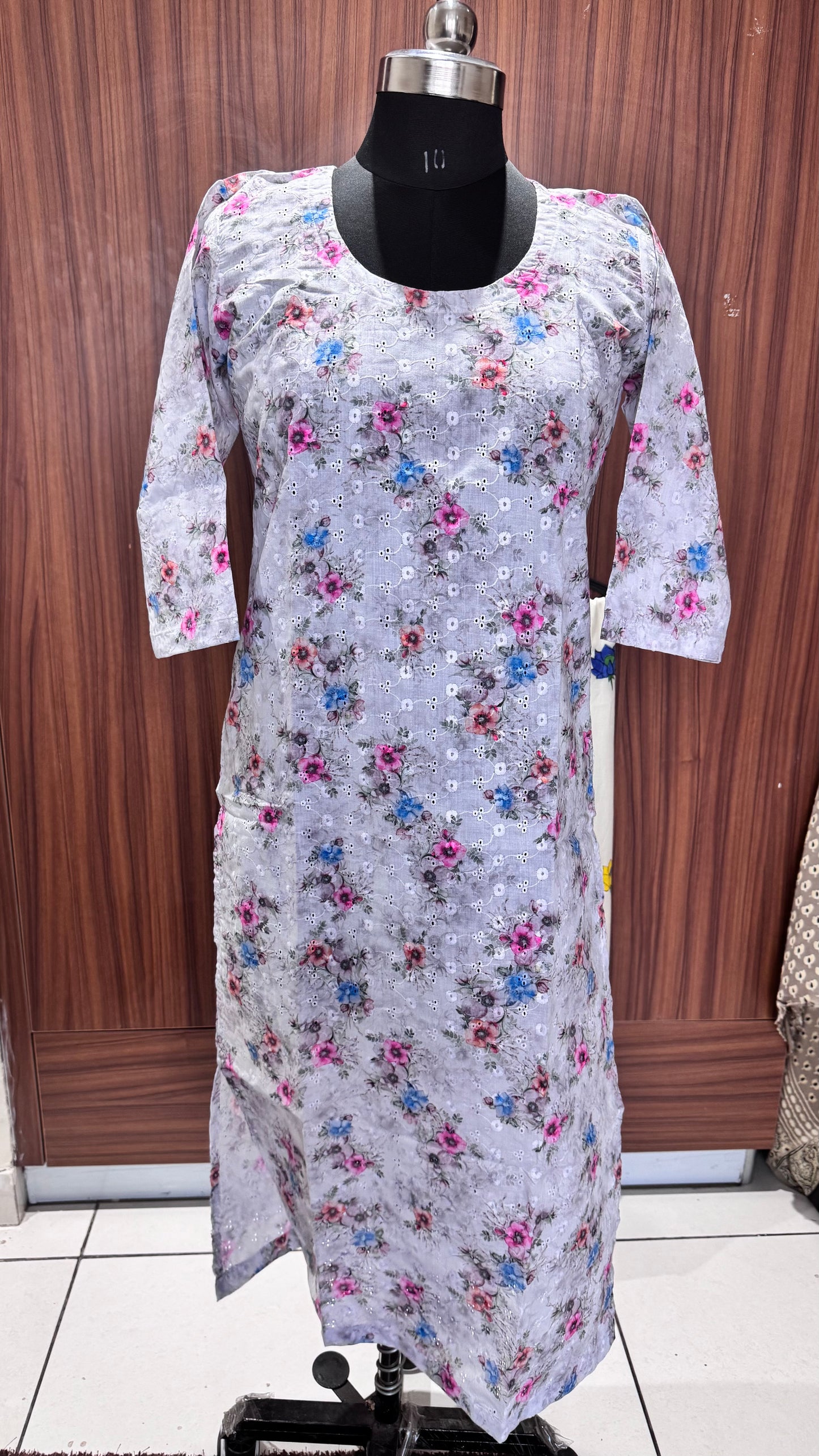White Floral Pure Cotton Kurti with Schiffli Details
