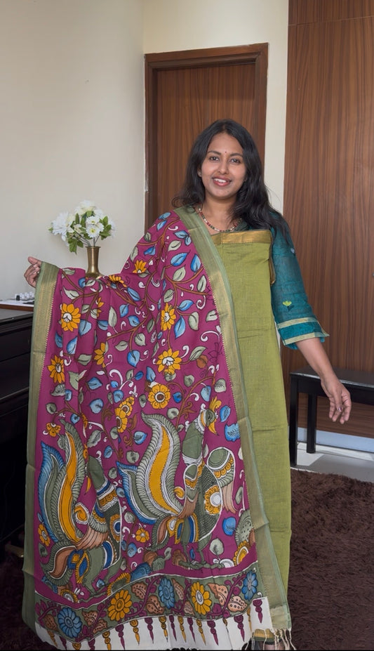 Mehandi Green Solid Shade Handloom Kurta with Kalamkari Cotton Dupatta and Zari Border-2 Piece
