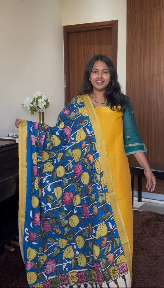 Sunshine Yellow Solid Shade Handloom Kurta with Kalamkari Cotton Dupatta and Zari Border-2 Piece