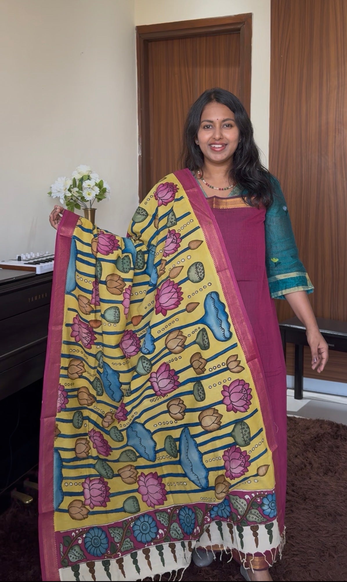 Margenta Solid Shade Handloom Kurta with Kalamkari  Cotton Dupatta and Zari Border-2 Piece