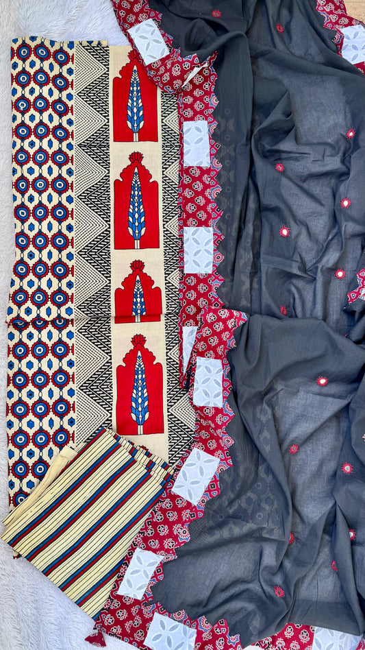 Off White Ajrakh Pure Cotton Suit Set with Chain Motif and Black Mirror Work Cotton Dupatta