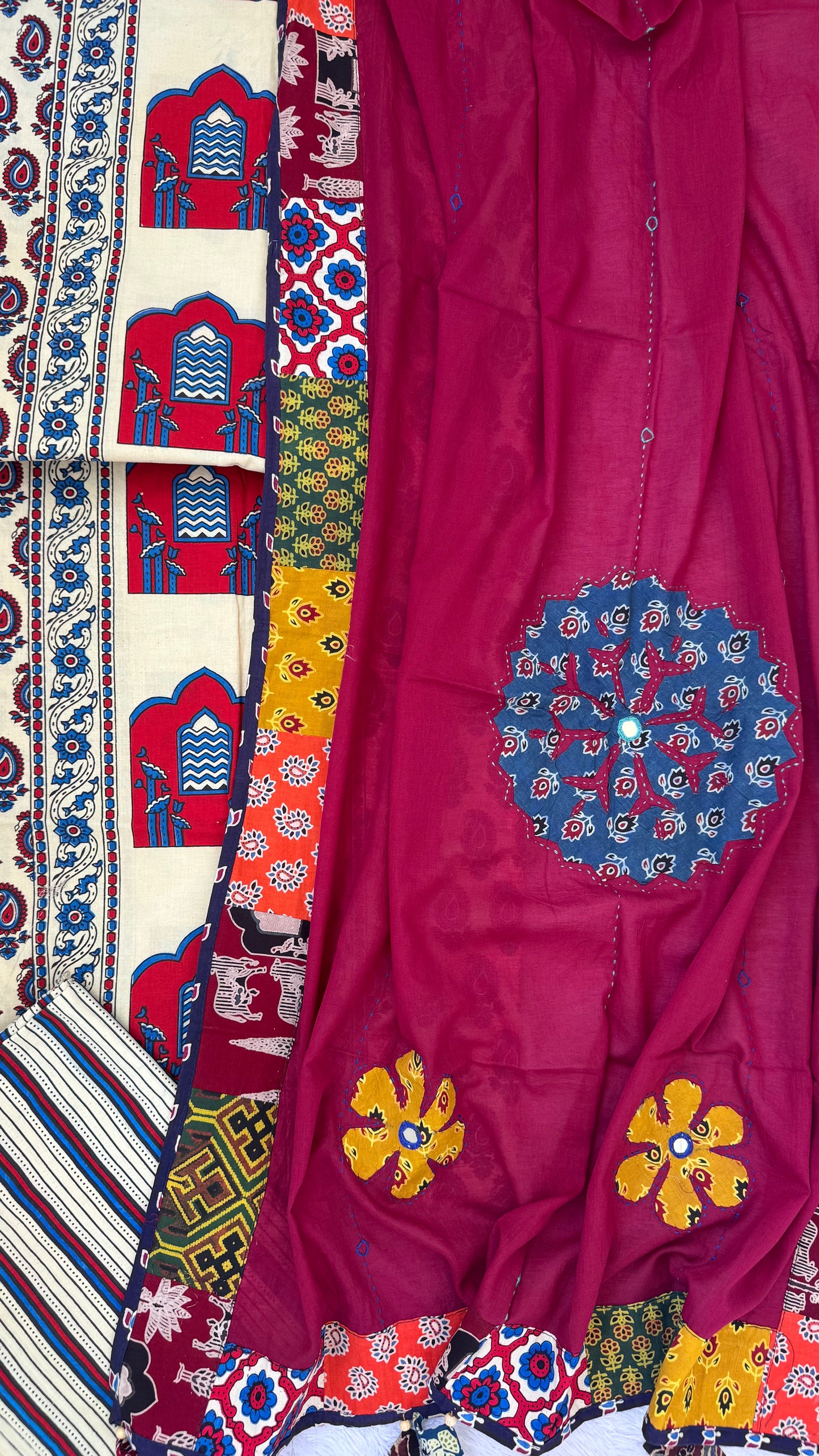Offwhite Ajrakh Pure Cotton Suit Set with Jharokha Motif and Applique Cotton Dupatta
