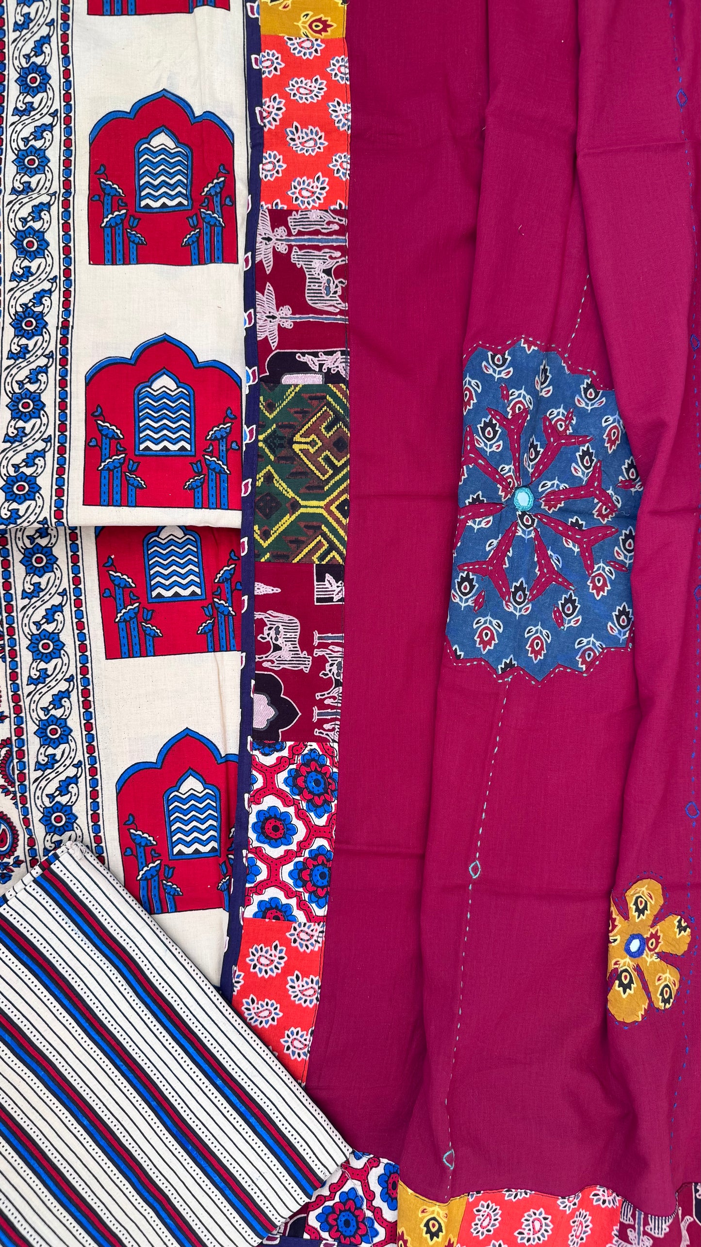 Offwhite Ajrakh Pure Cotton Suit Set with Jharokha Motif and Applique Cotton Dupatta