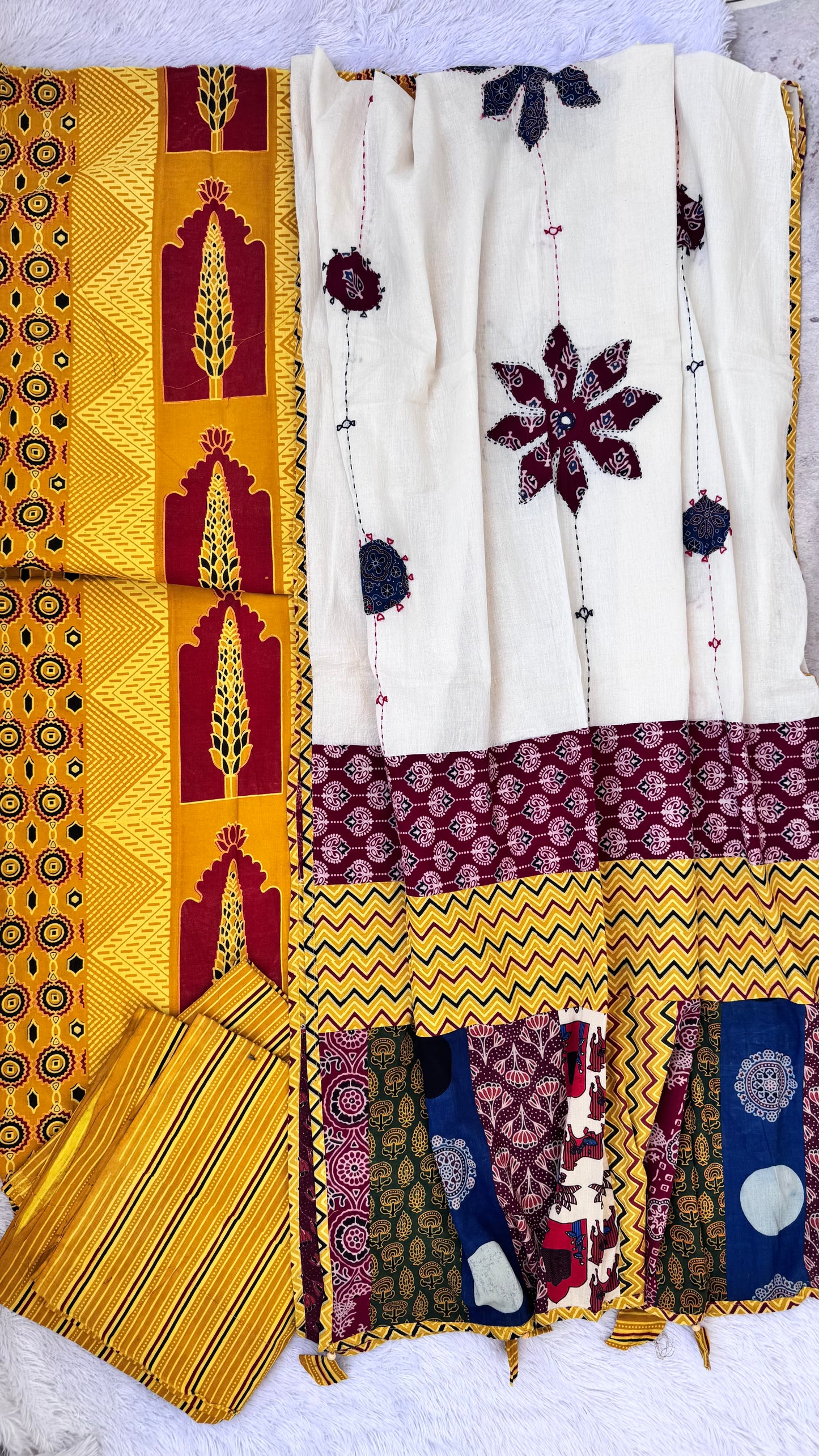 Haldi Shade Jarokha Motif Unstitched Handloom Cotton Suit Set with Cotton Applique Work Dupatta