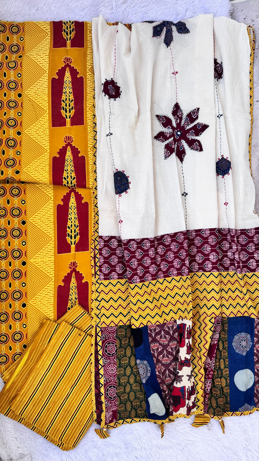 Haldi Shade Jarokha Motif Unstitched Handloom Cotton Suit Set with Cotton Applique Work Dupatta