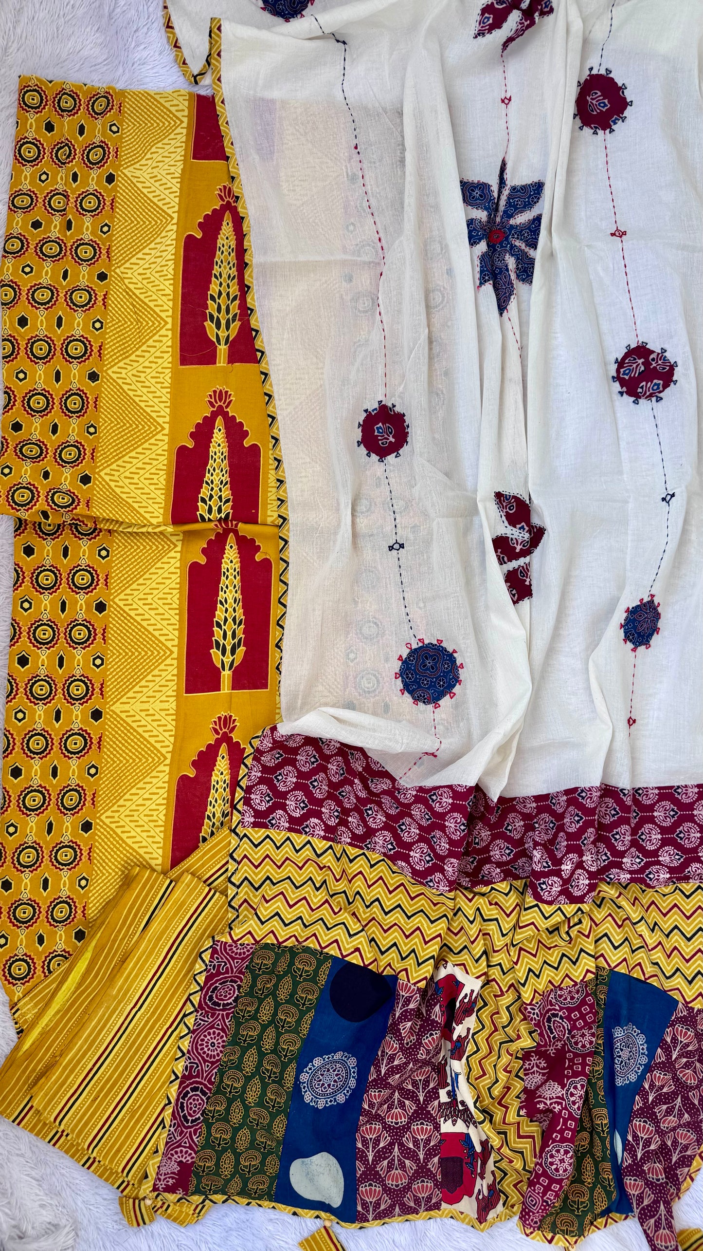 Haldi Shade Jarokha Motif Unstitched Handloom Cotton Suit Set with Cotton Applique Work Dupatta