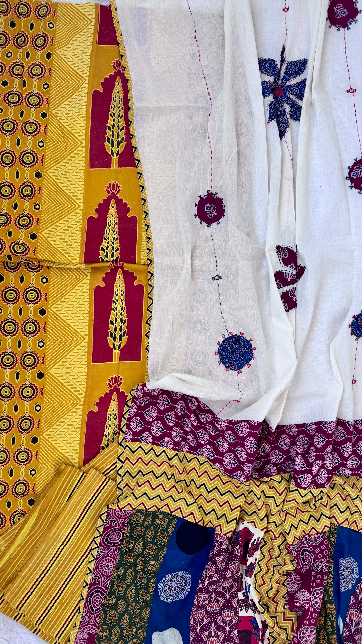 Haldi Shade Jarokha Motif Unstitched Handloom Cotton Suit Set with Cotton Applique Work Dupatta