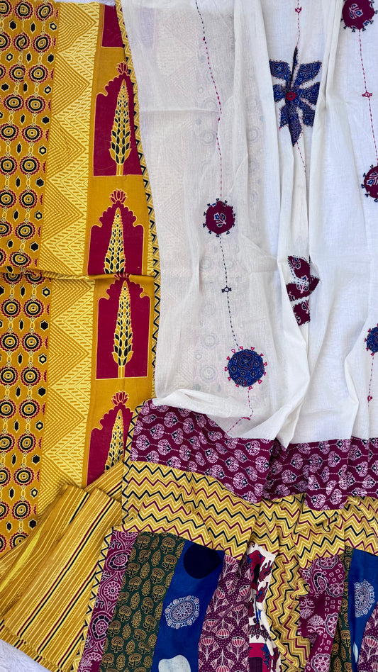 Yellow Ajrakh Pure Cotton Suit Set with Jharokha Motif and Off White Applique Cotton Dupatta