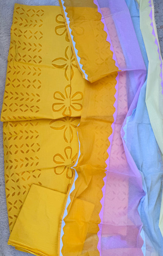 Pineapple Yellow Barmer Applique Cut Work Cotton 3pc Suit with MultiColor Dupatta