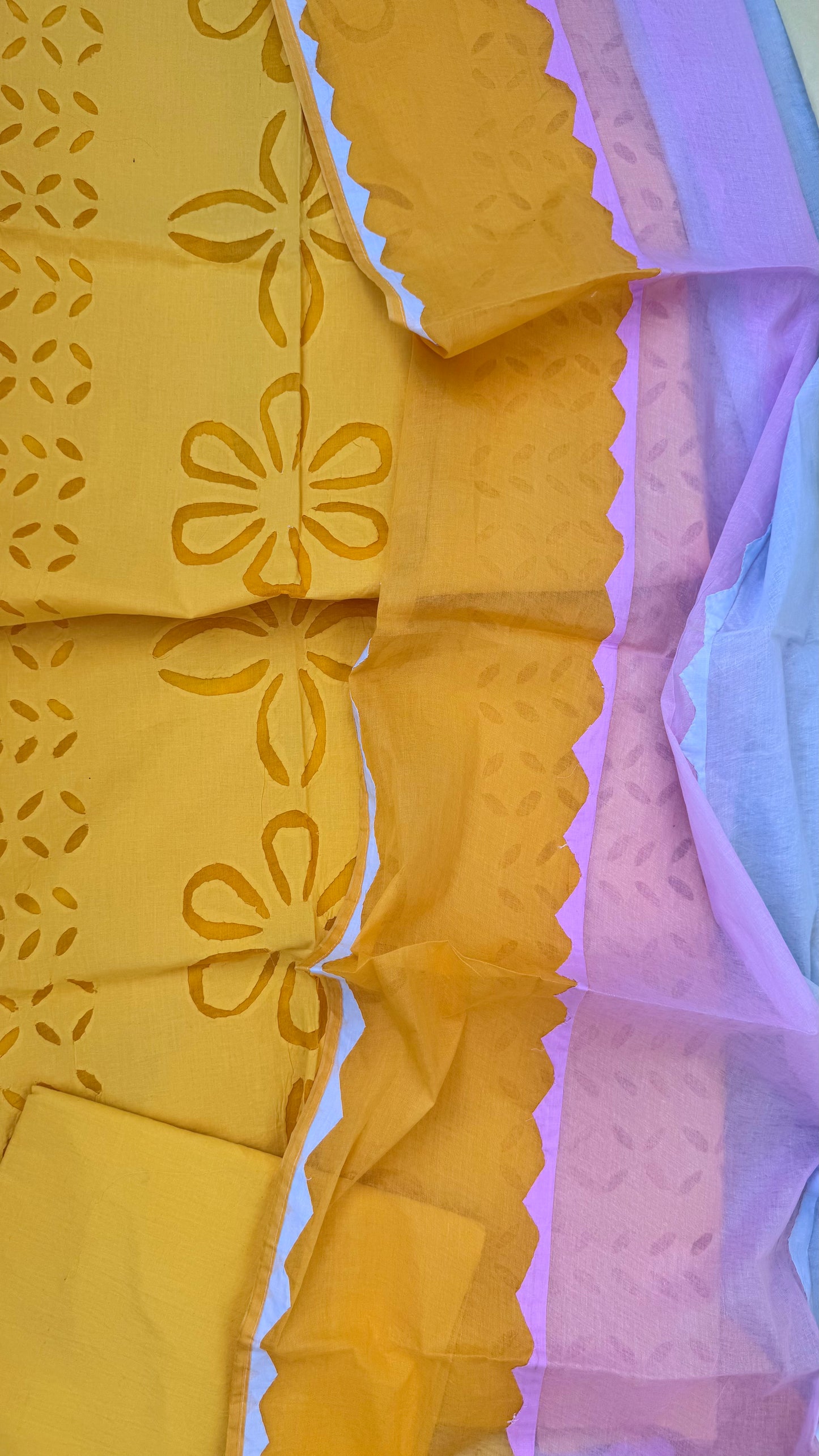 Pineapple Yellow Barmer Applique Cut Work Cotton 3pc Suit with MultiColor Dupatta