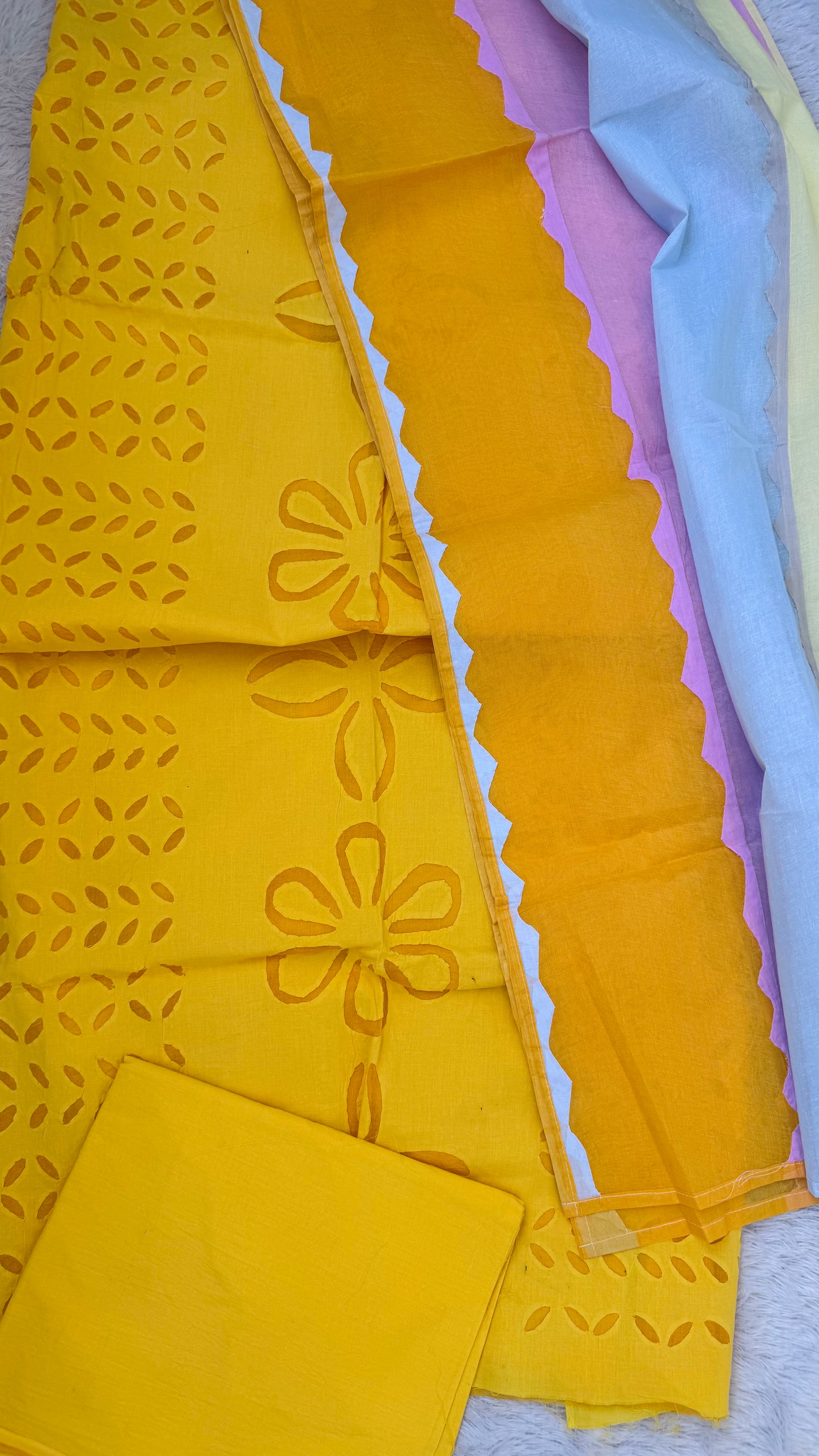 Pineapple Yellow Barmer Applique Cut Work Cotton 3pc Suit with MultiColor Dupatta