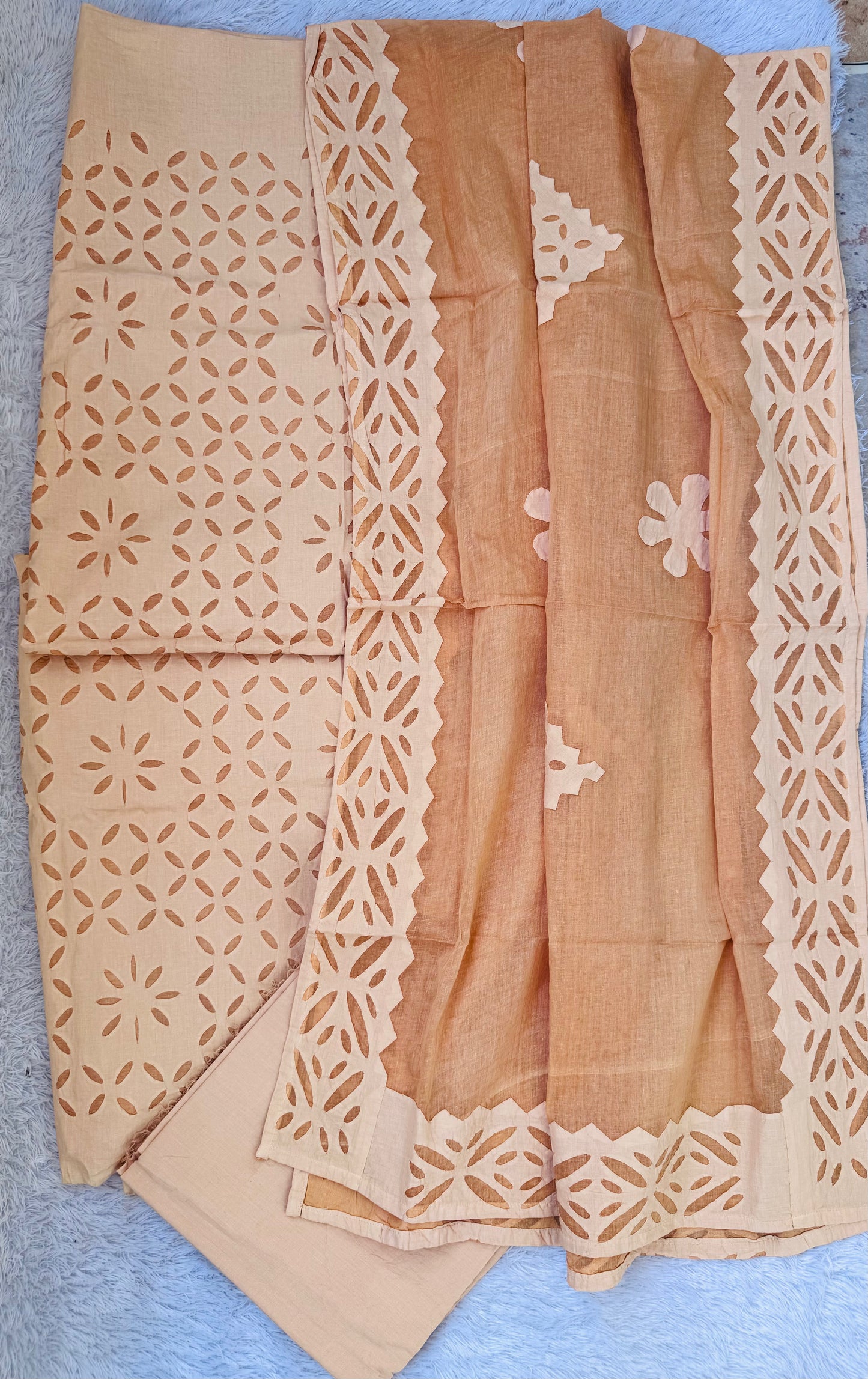 Biscuit Shade Barmer Applique Cut Work Cotton 3pc Suit Set