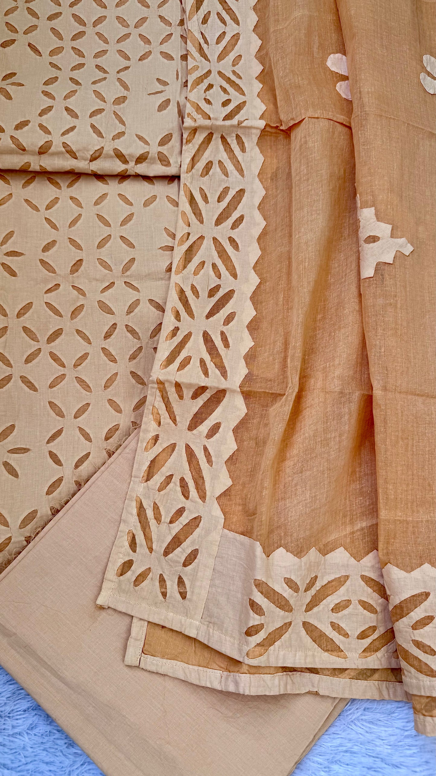 Biscuit Shade Barmer Applique Cut Work Cotton 3pc Suit Set