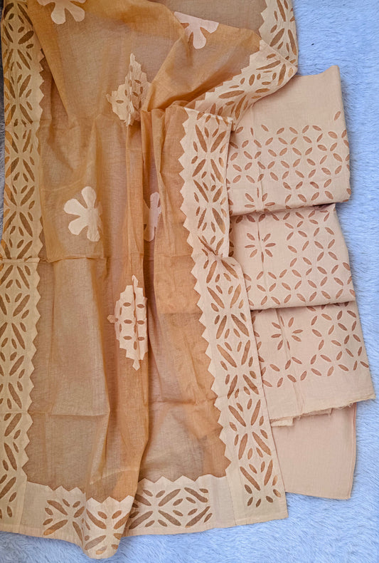 Biscuit Shade Barmer Applique Cut Work Cotton 3pc Suit Set