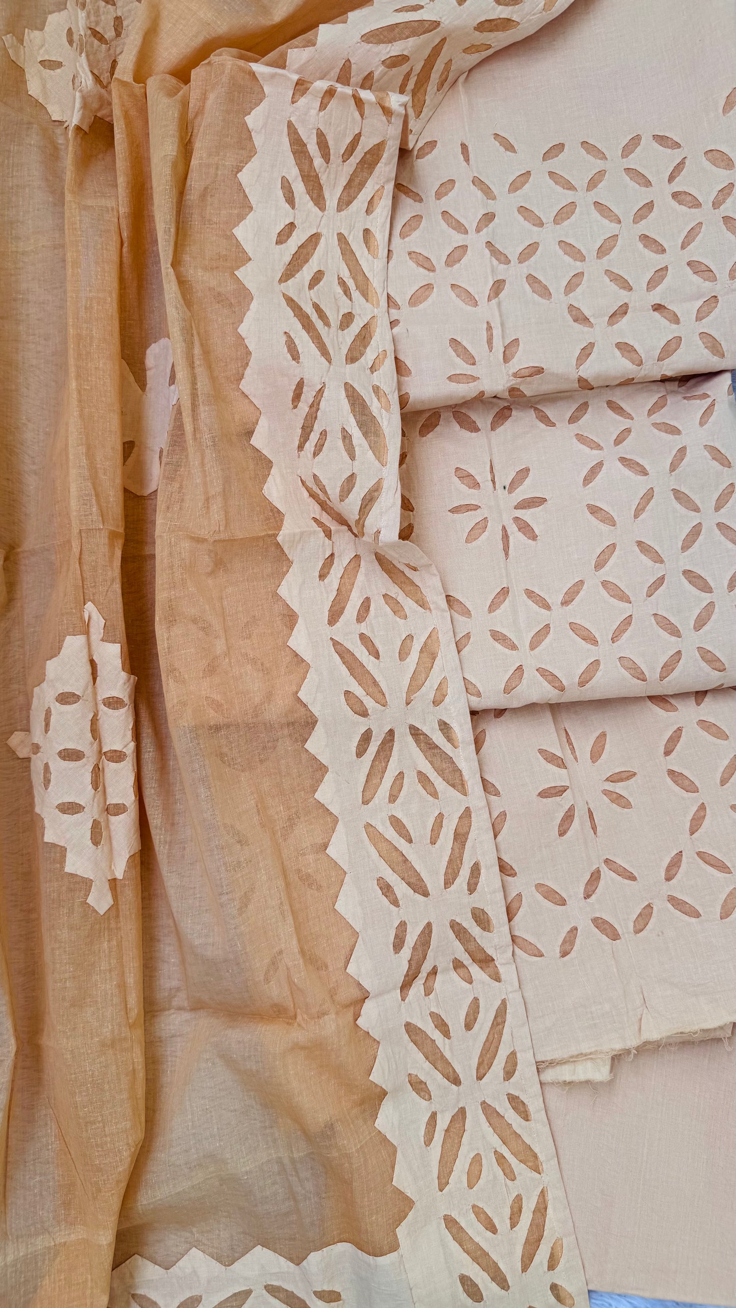 Biscuit Shade Barmer Applique Cut Work Cotton 3pc Suit Set
