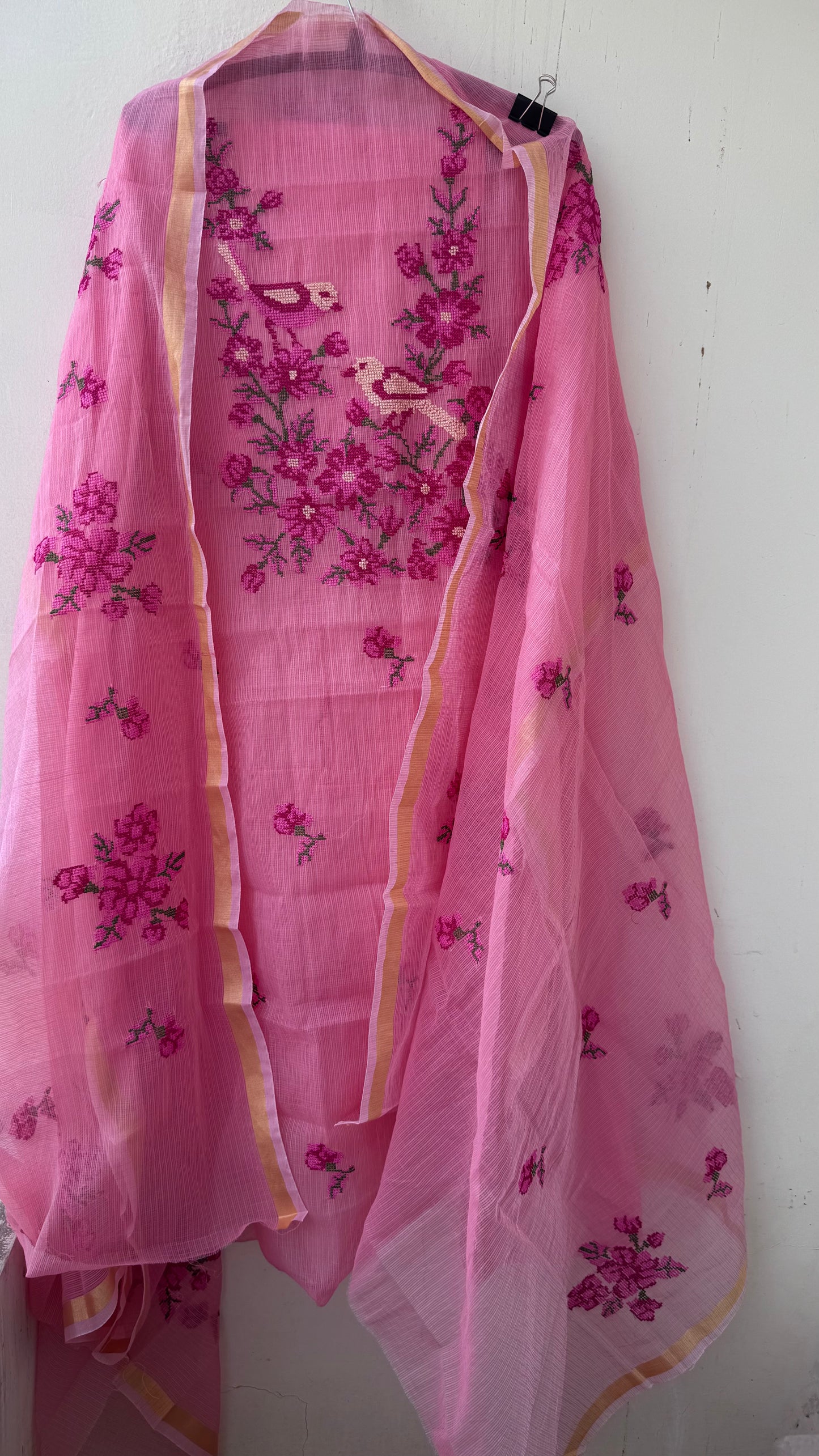 Reddish Pink Kota-Doria 3 Piece Suit Set with Bird Motif Cross Stitch and Kota Doria Dupatta