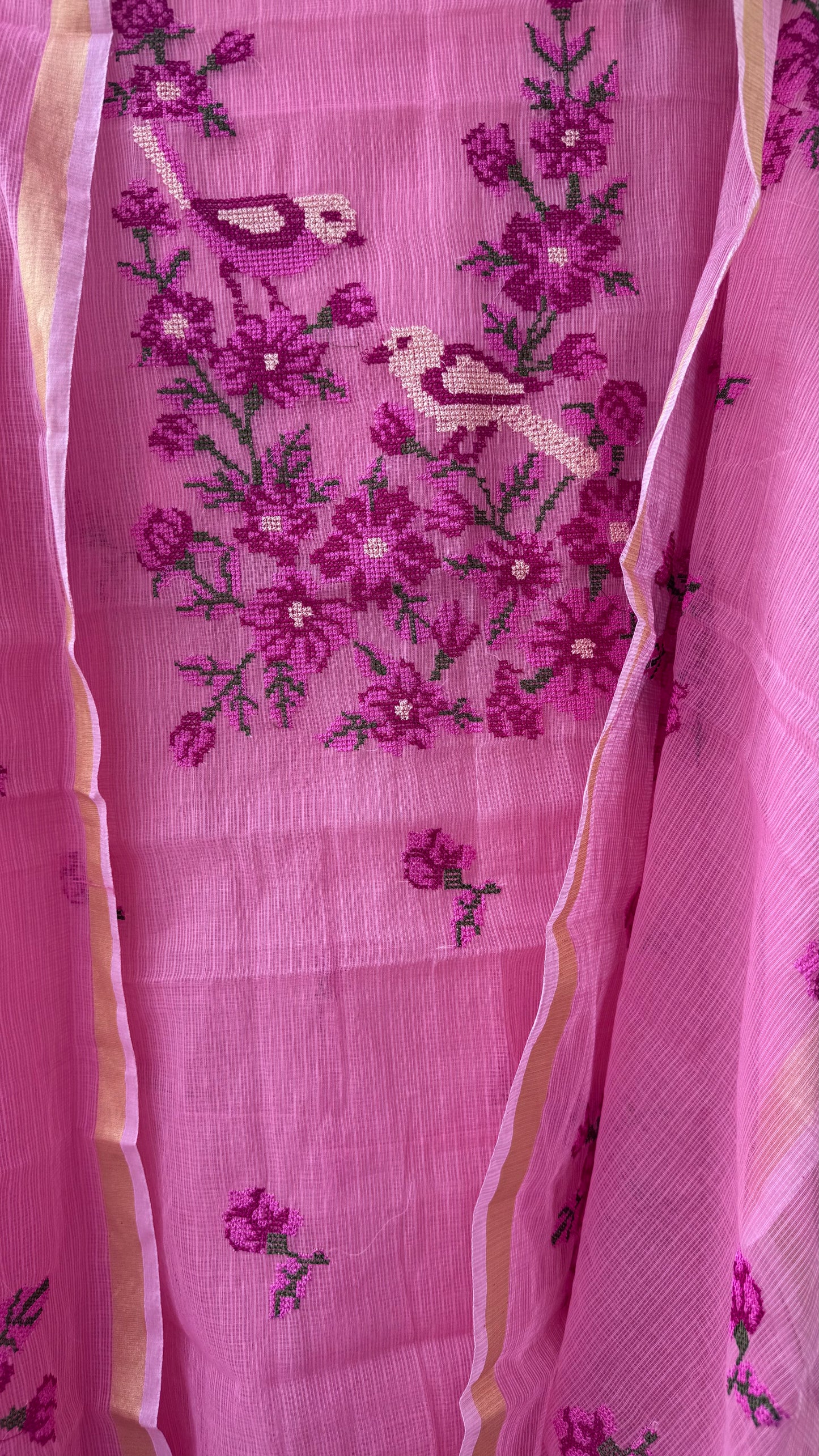 Reddish Pink Kota-Doria 3 Piece Suit Set with Bird Motif Cross Stitch and Kota Doria Dupatta