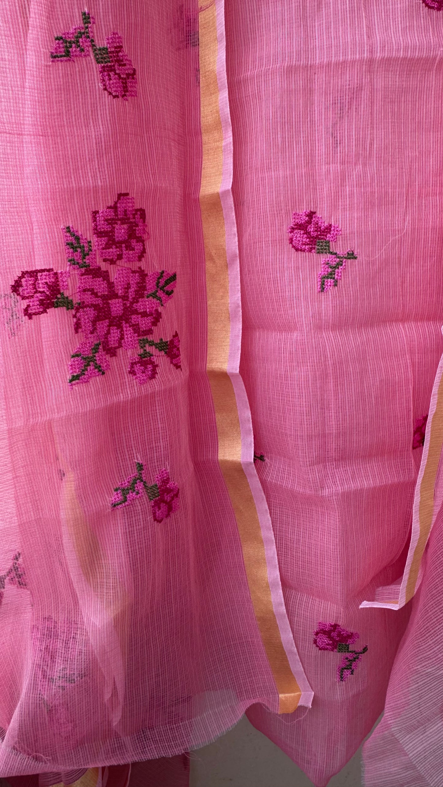 Reddish Pink Kota-Doria 3 Piece Suit Set with Bird Motif Cross Stitch and Kota Doria Dupatta