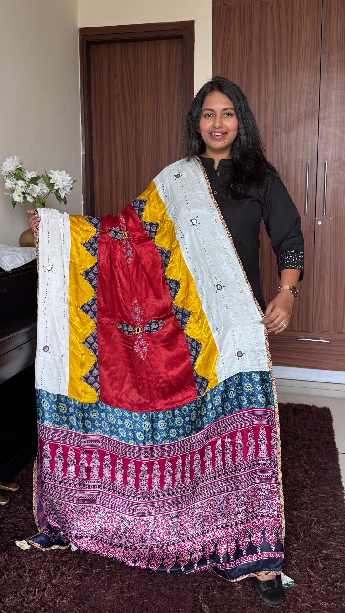 White Base Ajrakh Applique Patchwork Modal Silk Dupatta with Mirror Work